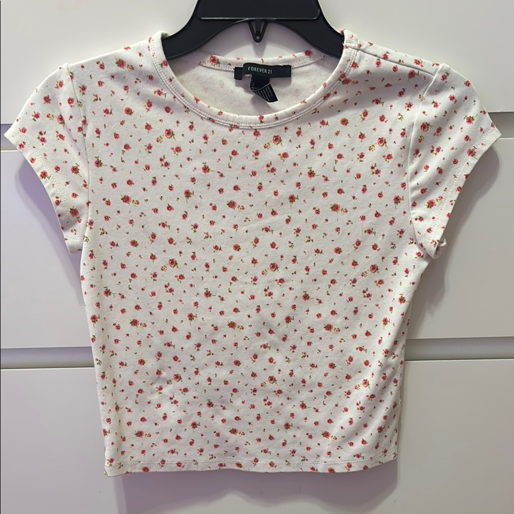 Forever 21 White Crop Top with Pink Floral Print
